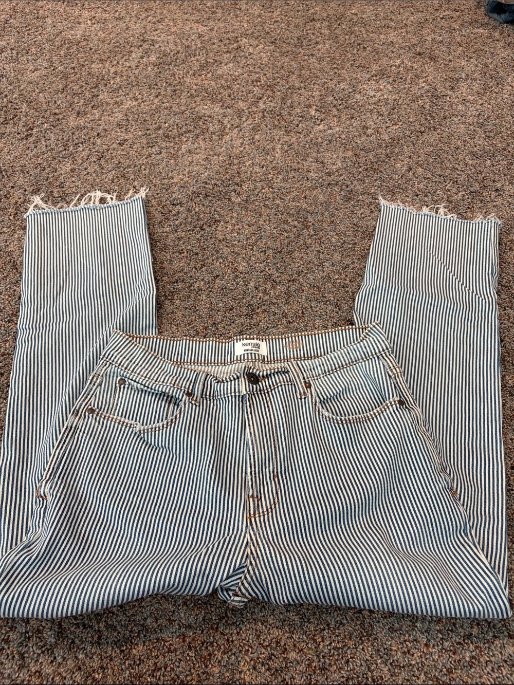 Women’s Blue & White Striped High Rise Jeans - Casual Straight Fit